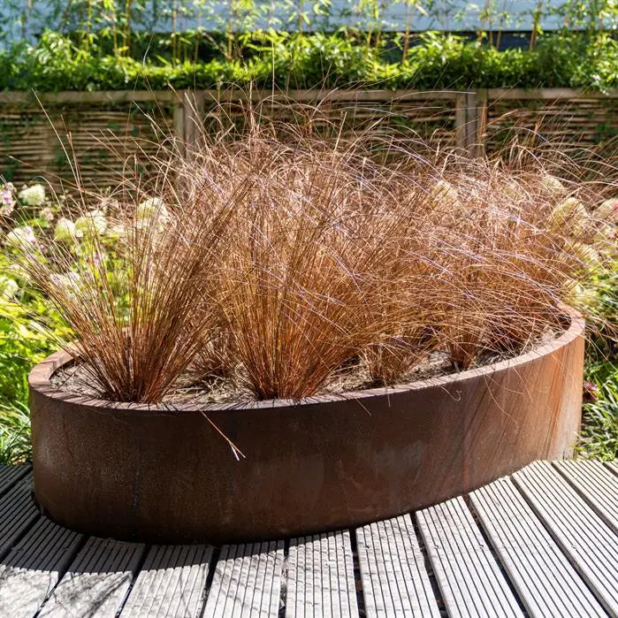 Maceta ovalada de acero corten de 200 x 120 x 60 cm