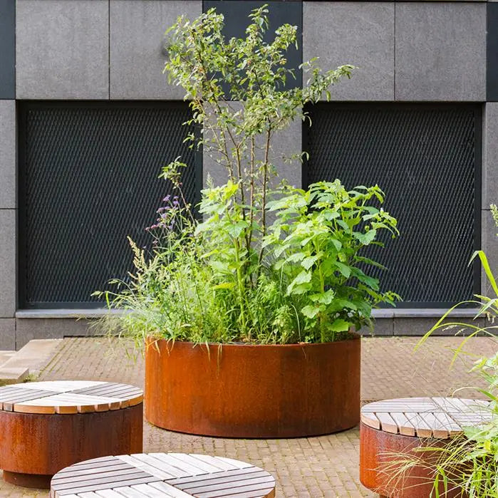 Cortenstaal Plantenbak Rond Op Wielen Ø100 x 80 cm