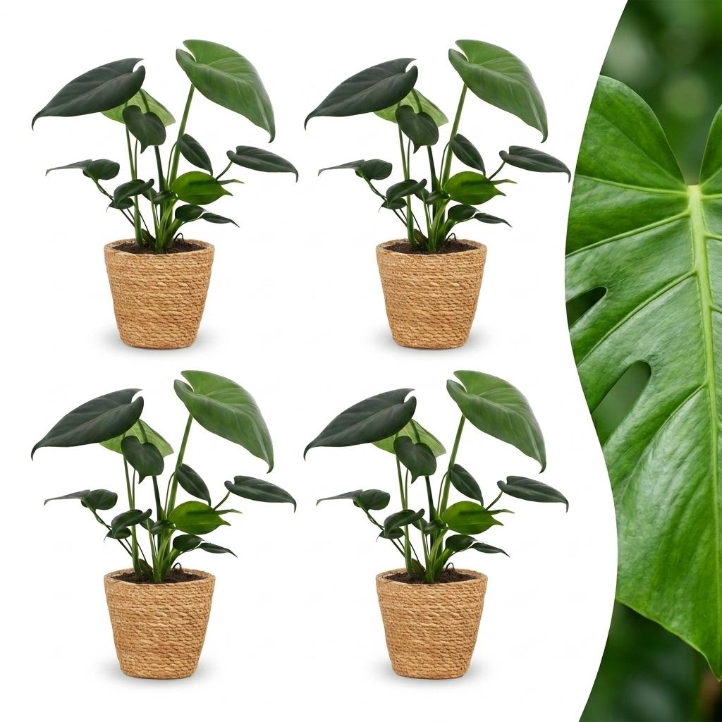 Monstera Deliciosa - Gatenplant - 4x - met Mand - Pot 12cm - Hoogte 30cm