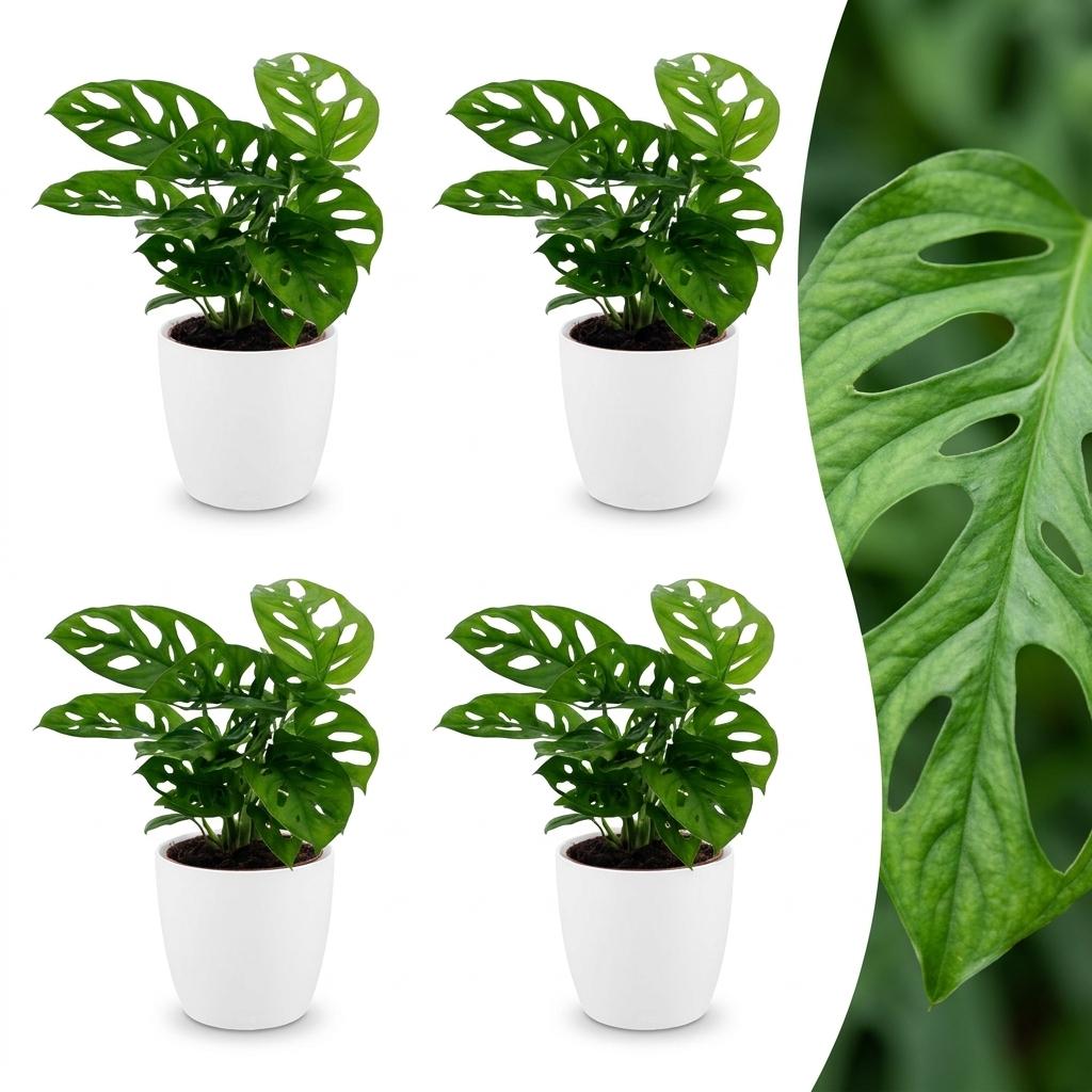 Monstera Adansonii - Rhaphidophora Tetrasperma - 4 Planten - met Potter Wit - Pot 12cm - Hoogte - 25cm