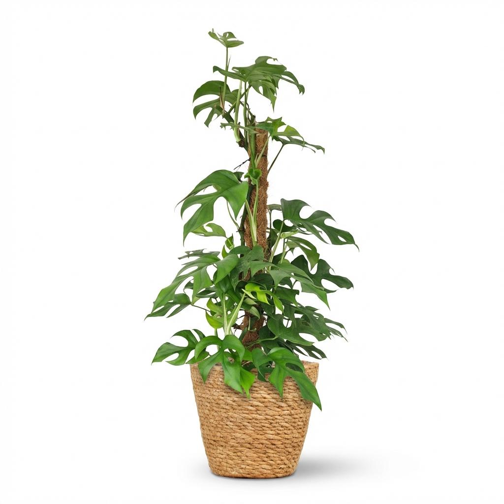 Mini Gatenplant - Monstera Minima Mosstok - Groen - Weinig onderhoud - 1 Plant - met Mand - Pot 19cm - Hoogte 90cm