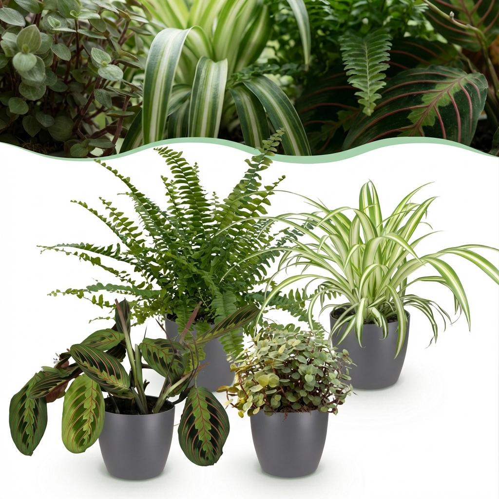 Plantenbox - Chlorophytum - Maranta - Calissia - Nephrolepsis - Mix van 4 - Huisdiervriendelijke Planten - Groen - 4 Planten - met Potter Grijs - Pot 12cm - Hoogte 25cm
