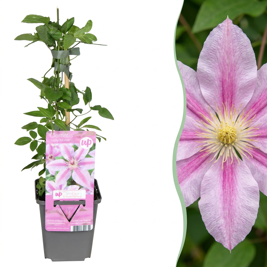 Clematis Nelly Moser - Bosrank Nelly Moser 4x - Wit - Roze - Klimplant - Ø9cm - ↕35cm