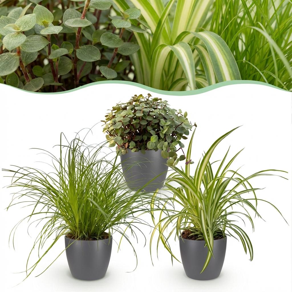 Plantenbox - Cyperus - Calissia - Chlorophytum - Mix van 3 - Huisdiervriendelijke Planten - Groen - 3 Planten - met Potter Grijs - Pot 12cm - Hoogte 20cm