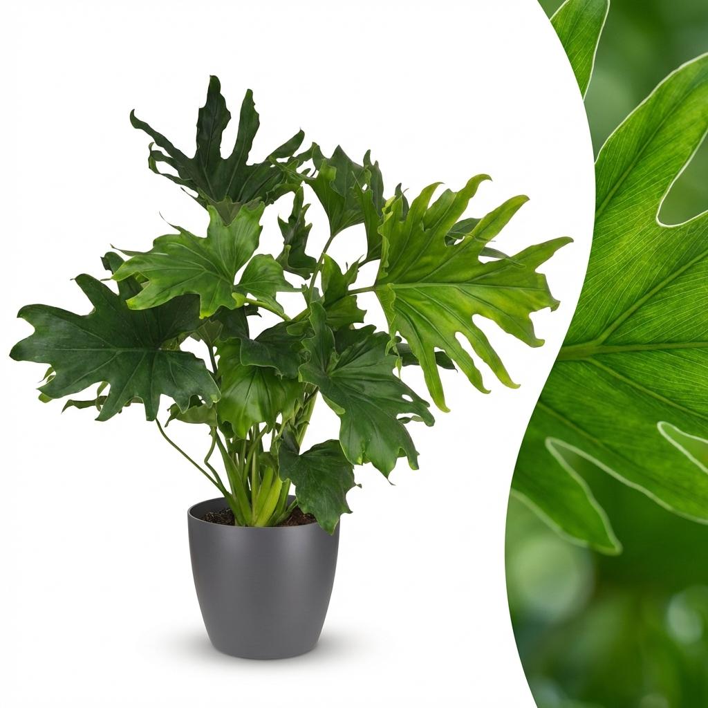 Philodendron - Philodendron Lickety split - Groen - Weinig onderhoud - 1 Plant - met Potter Grijs - Pot 19cm - Hoogte 70cm
