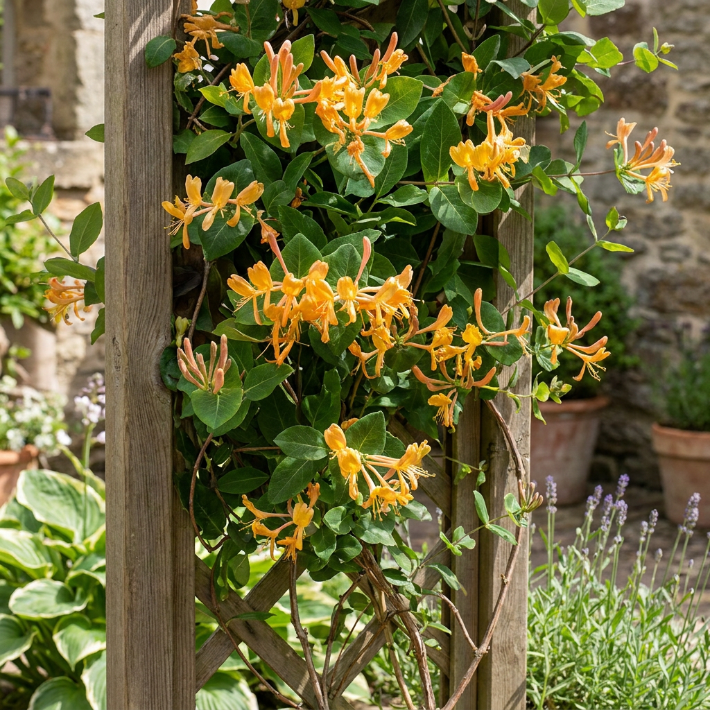 Lonicera tellmanniana - Tellmann-kamperfoelie 4x - Oranje - Geel - Klimplant - Ø9cm - ↕35cm