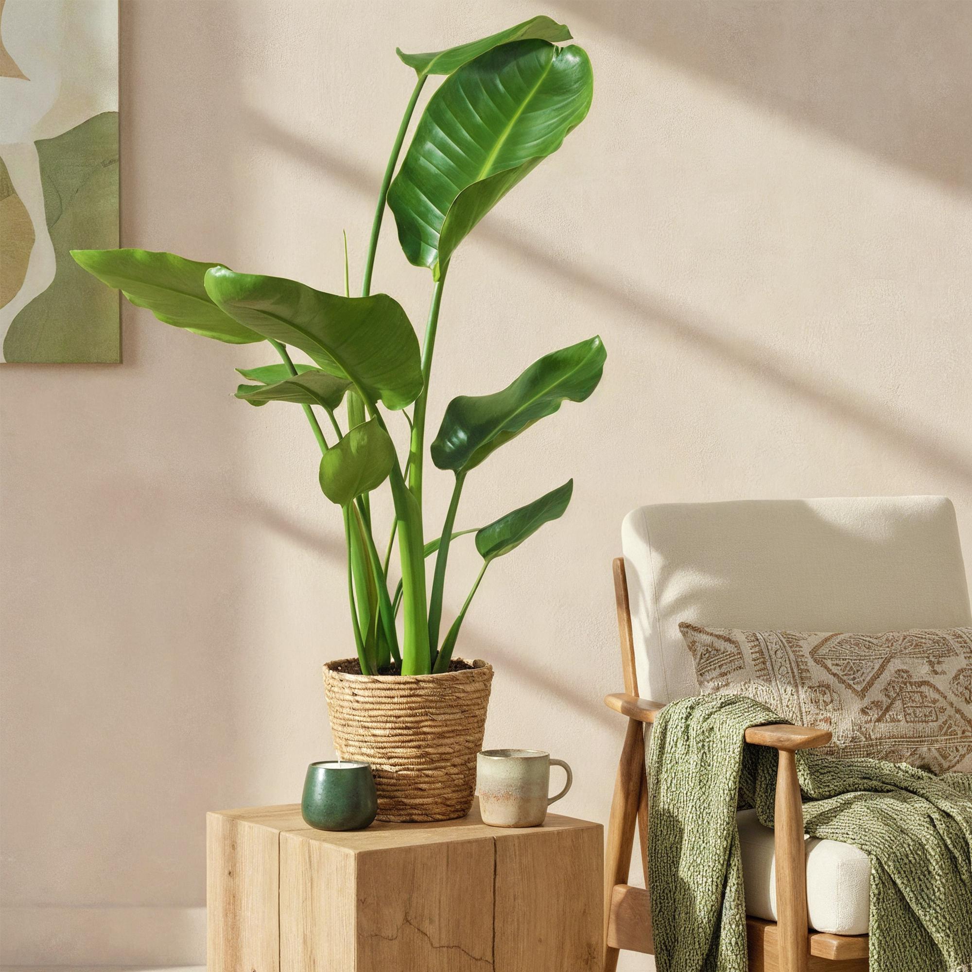 Stelitzia Nicolai - Paradijsvogelbloem - Weinig onderhoud - met mand - Groen - 1 Plant - Pot 17cm - Hoogte 70-90cm