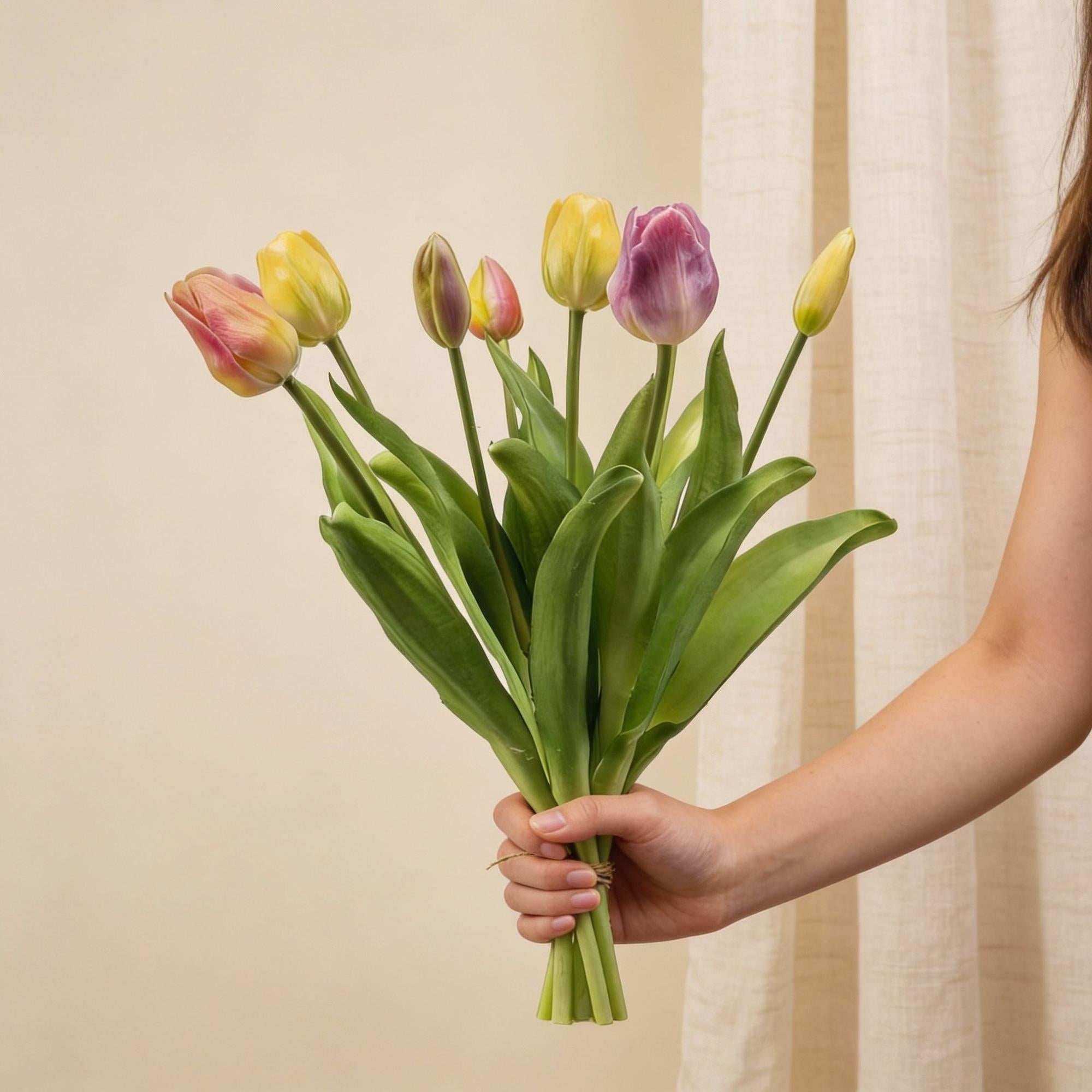 Tulpenboeket - Zachte Lente - ‘Real Touch’ Kunsttulpen - 7 stelen – 42 cm