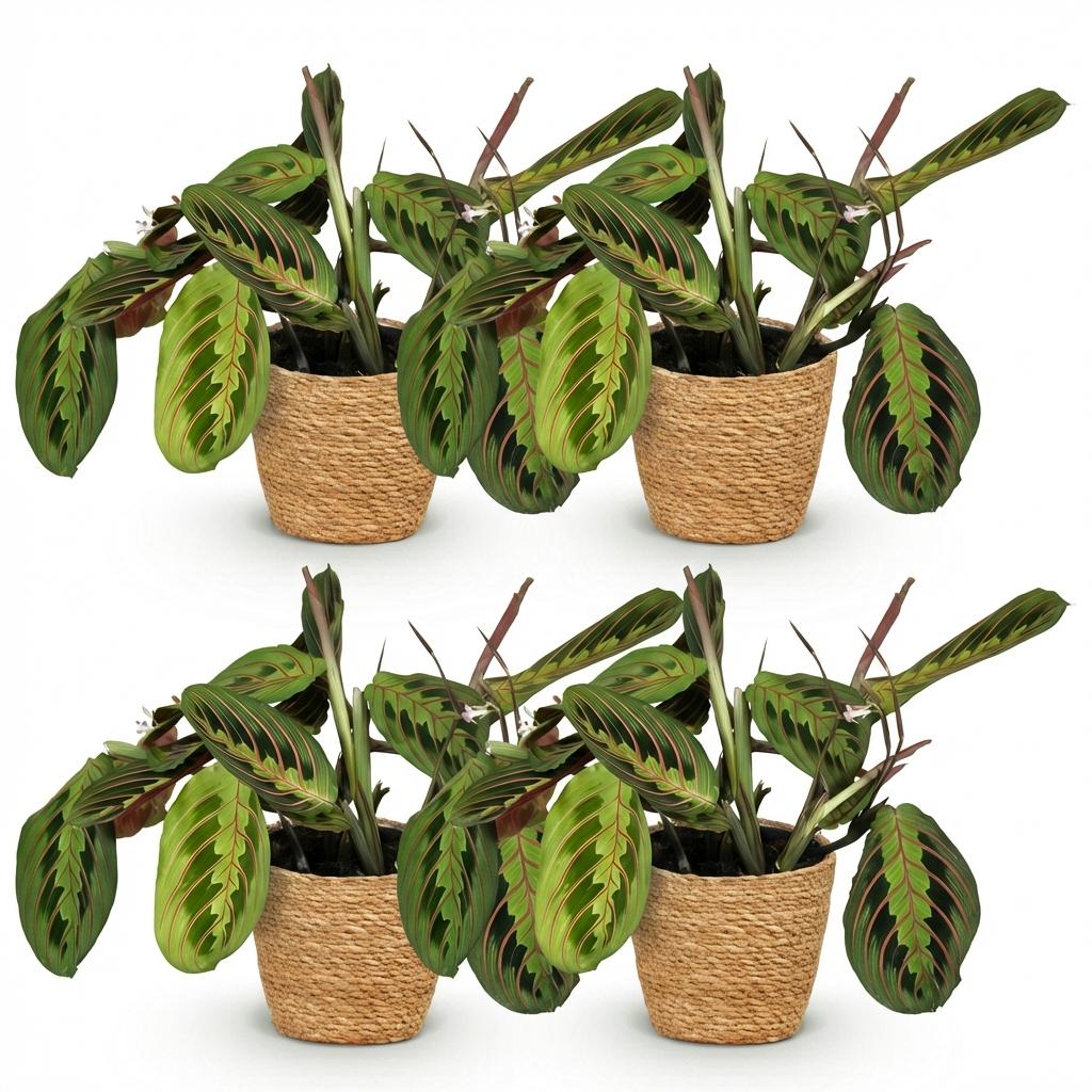 Maranta Fascinator Tricolour - Gebedsplant - Huisdiervriendelijke Plant - Groen - 4 Planten - met Mand - Pot 12cm - Hoogte 25cm