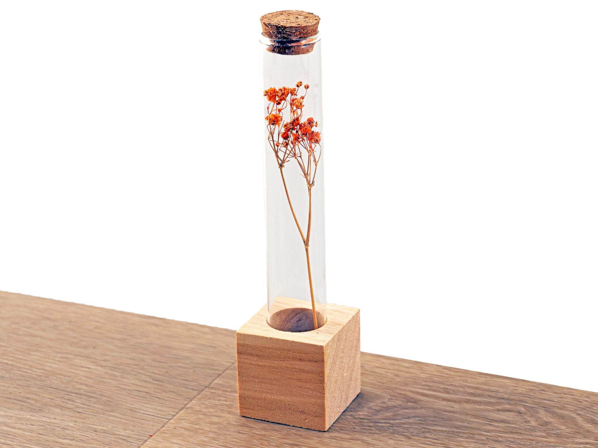 Support en bois pour fleurs séchées - Tube S - Fleurs et herbes + Composition florale séchée