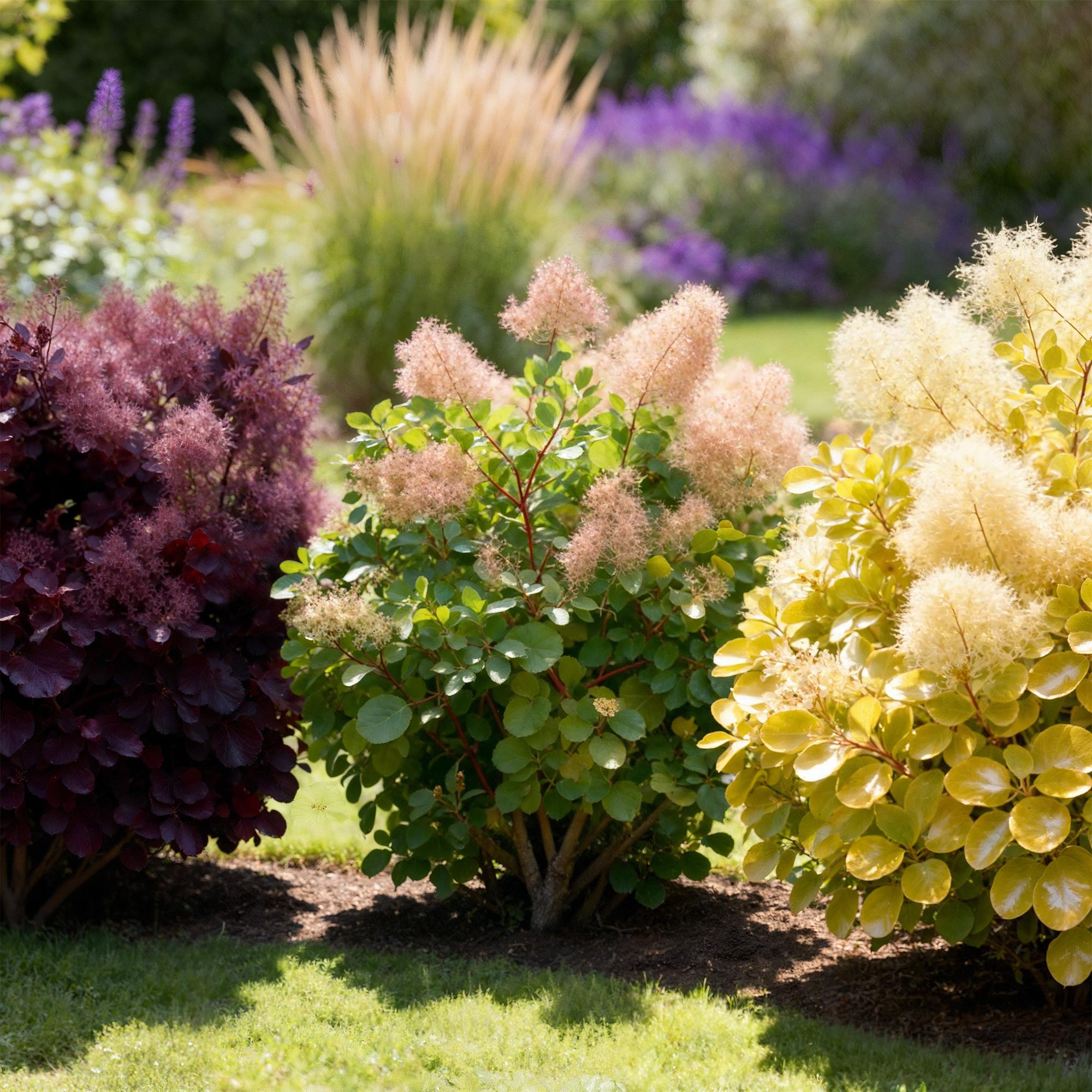 Cotinus coggyria Tricolour - Paars-Groen-Geel - 3 Planten - Bladverliezend - Weinig Onderhoud - Pot 12cm Hoogte 35cm