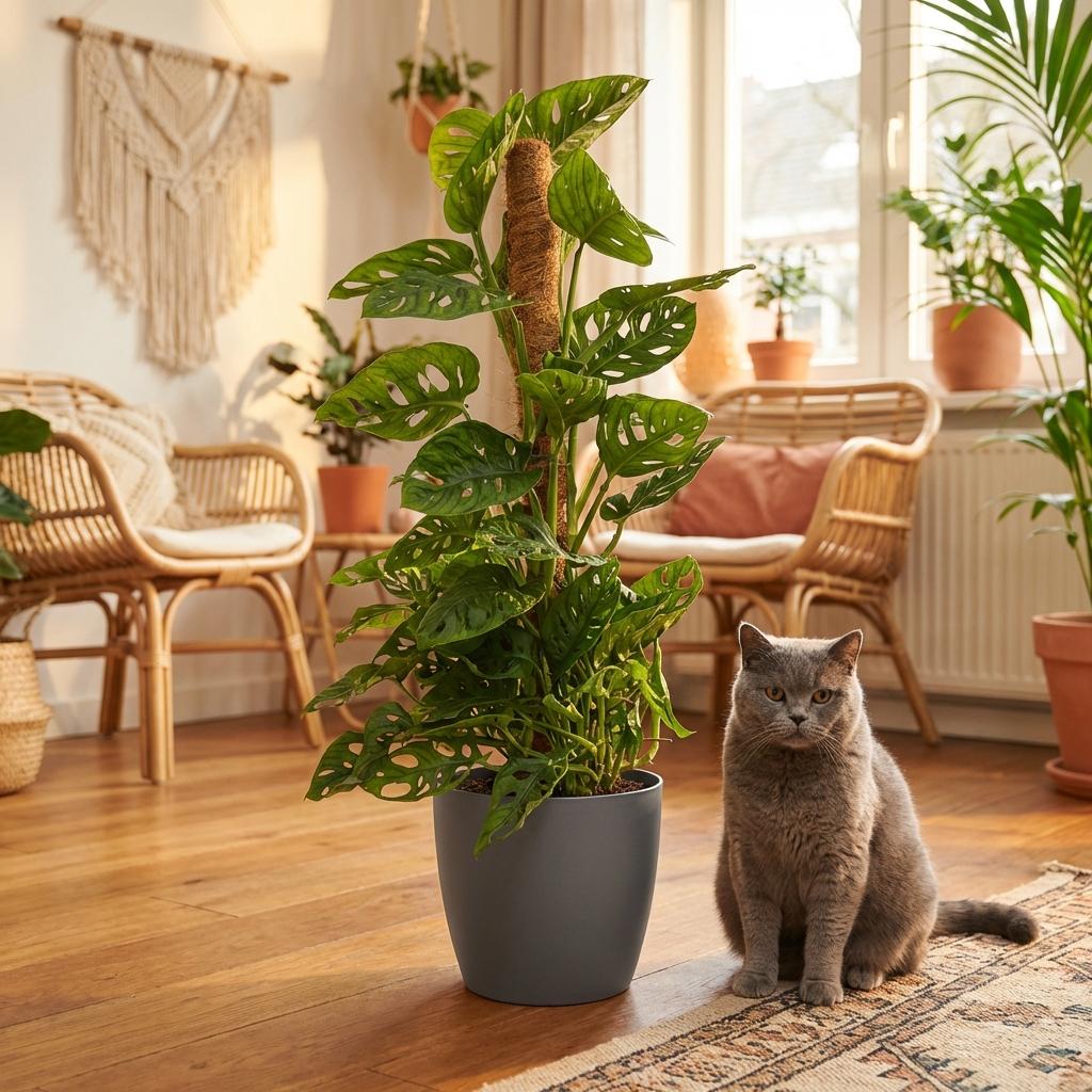 Monkey Mask - Monstera Andansonii Mosstok - Groen - Weinig onderhoud - 1 Plant - met Potter Grijs - Pot 19cm - Hoogte 90cm