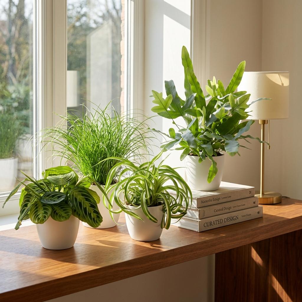 Plantenbox - Chlorophytum - Cyperus - Phlebodium - Marantha - Mix van 4 - Huisdiervriendelijke Planten - Groen - 4 Planten - met Potter Wit - Pot 12cm - Hoogte 25cm