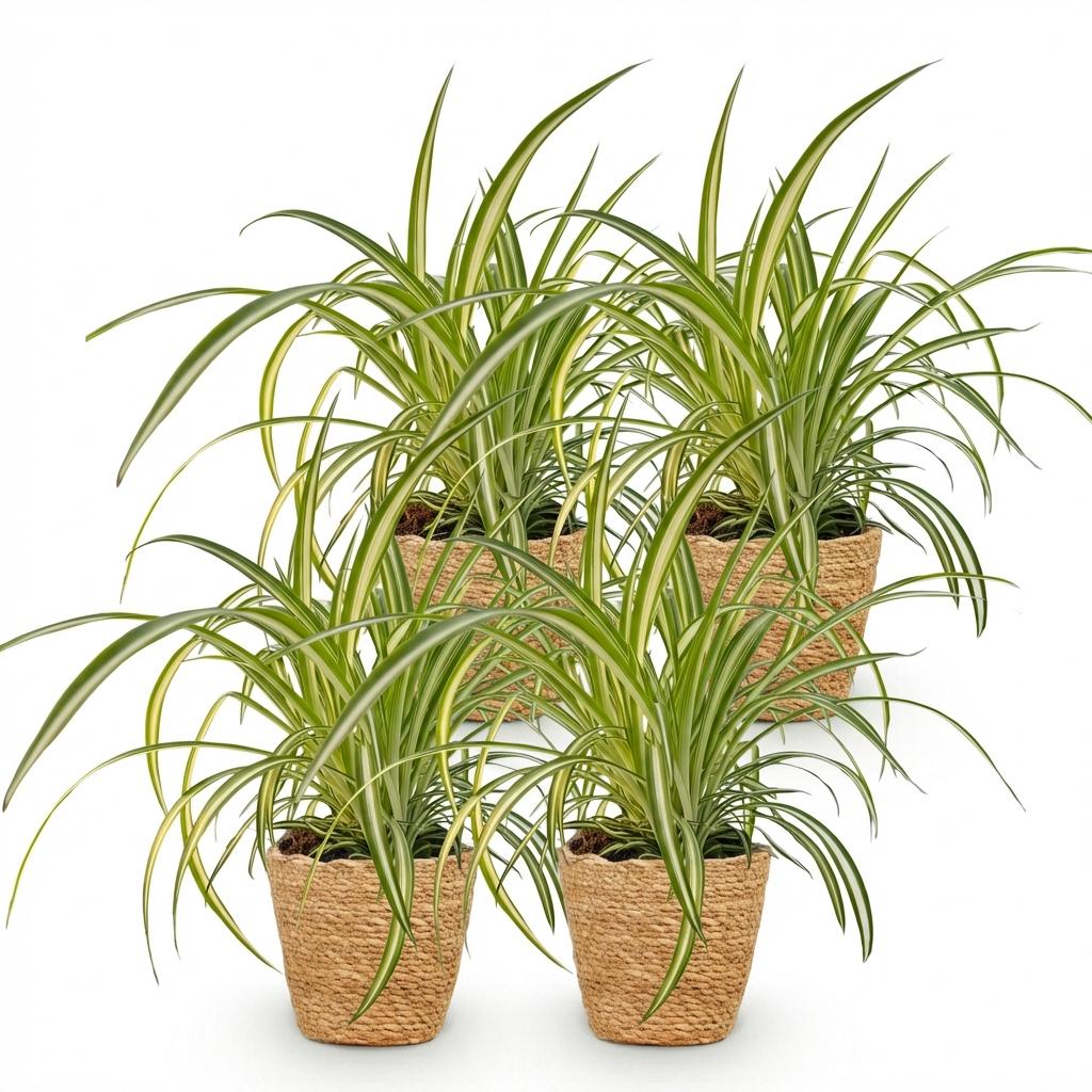 Chlorophytum comosum Variegatum - Bonte Graslelie - 4 Planten - met Mand - Pot 12cm - Hoogte 20cm