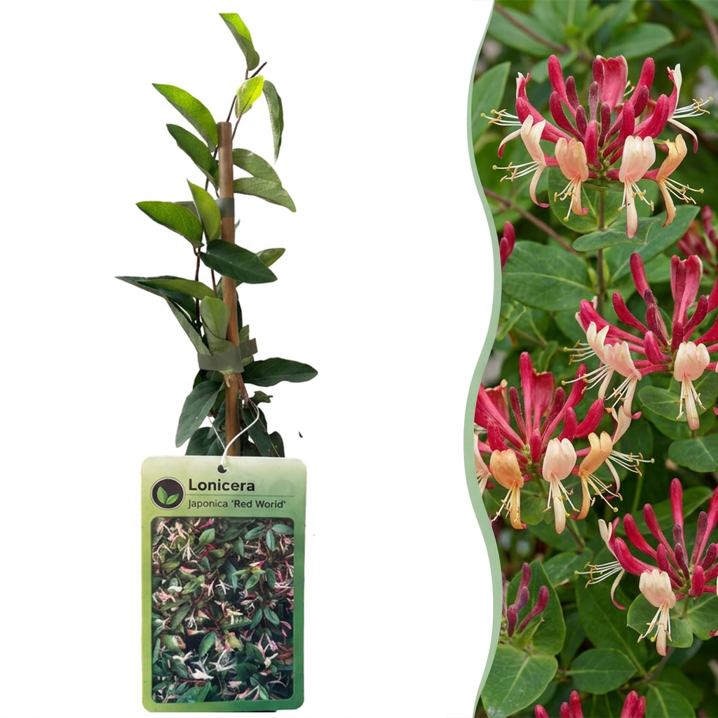Lonicera jap. 'Red World' - Japanse kamperfoelie 6x - Rood - Roze - Klimplant - Ø9cm - ↕35cm
