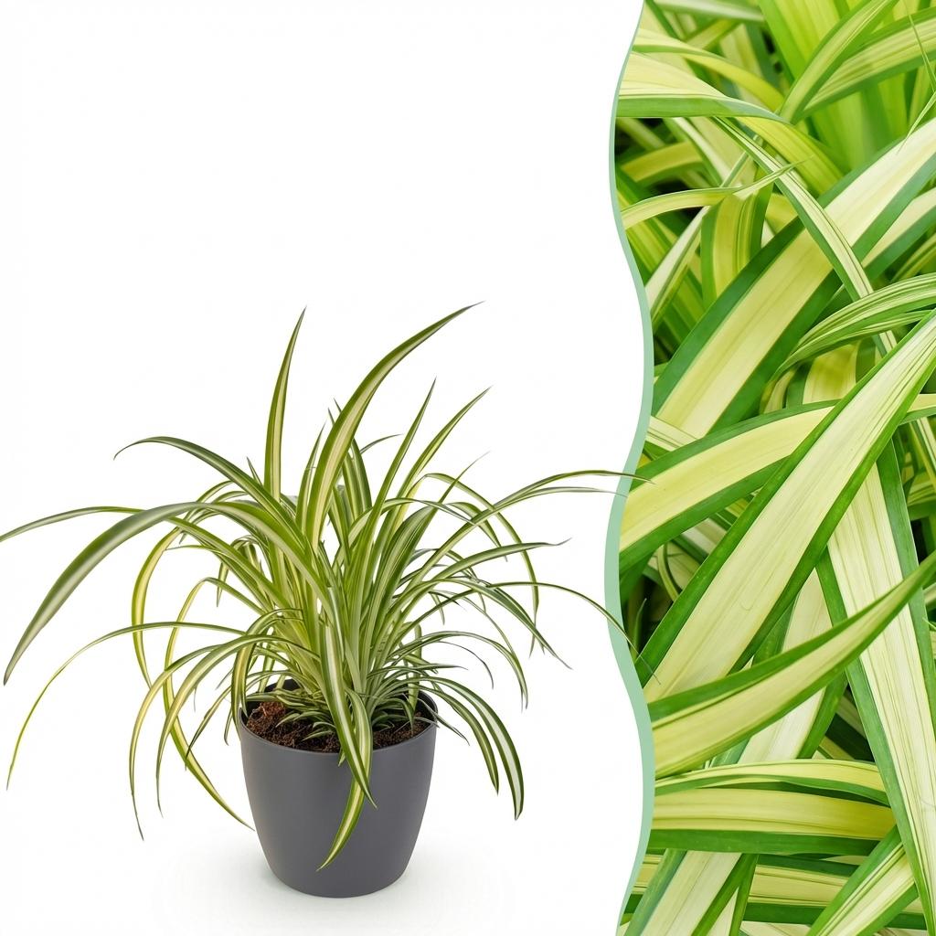 Chlorophytum comosum Variegatum - Bonte Graslelie - Huisdiervriendelijke Plant - Groen - 1 Plant - met Potter Grijs - Pot 12cm - Hoogte 20cm