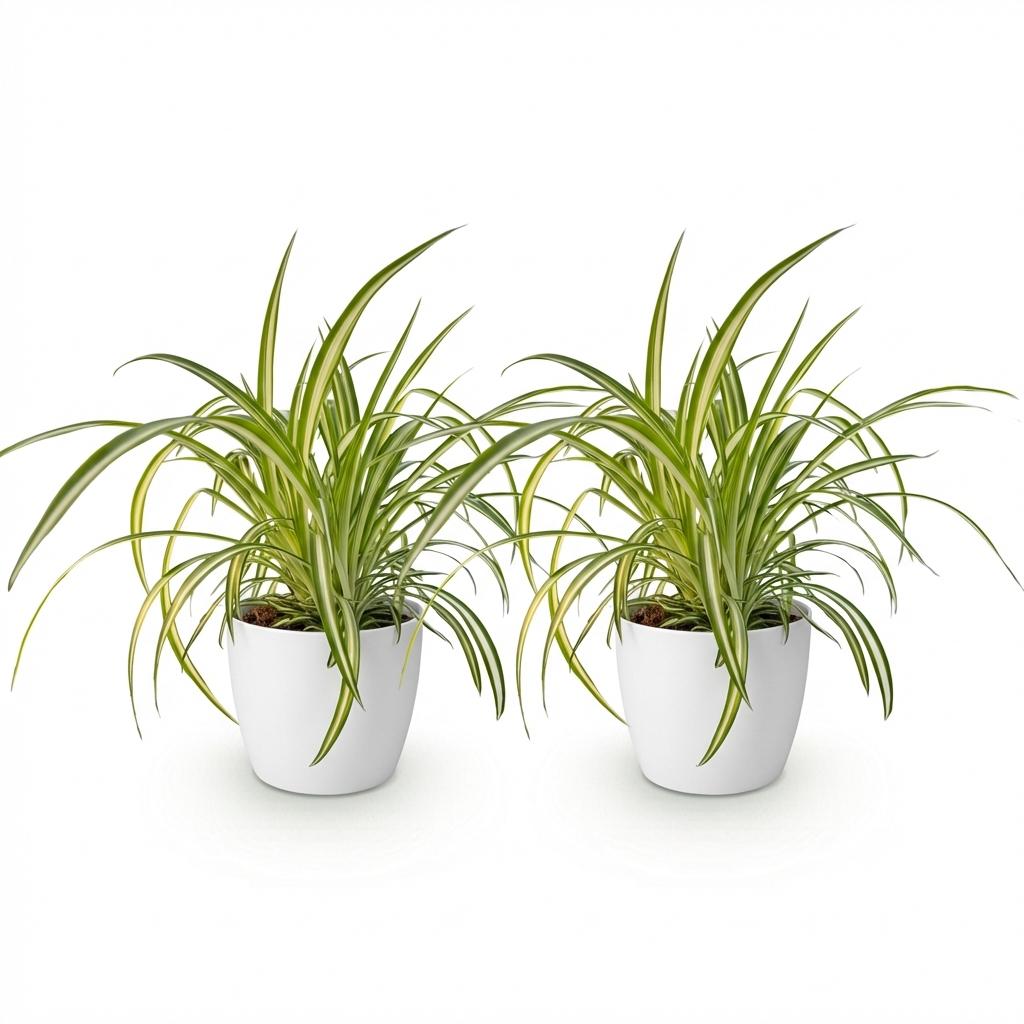 Chlorophytum comosum Variegatum - Bonte Graslelie - 2 Planten - met Potter Wit - Pot 12cm - Hoogte 20cm
