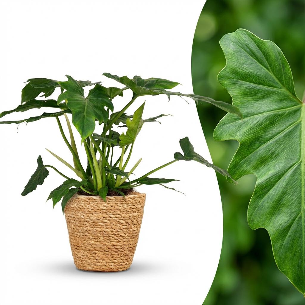 Philodendron Lacerum - Groen - Weinig onderhoud - 1 Plant - met Mand - Pot 19cm - Hoogte 65cm