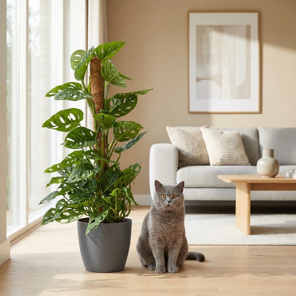 Monkey Mask - Monstera Andansonii Mosstok - Groen - Weinig onderhoud - 1 Plant - met Potter Grijs - Pot 19cm - Hoogte 90cm