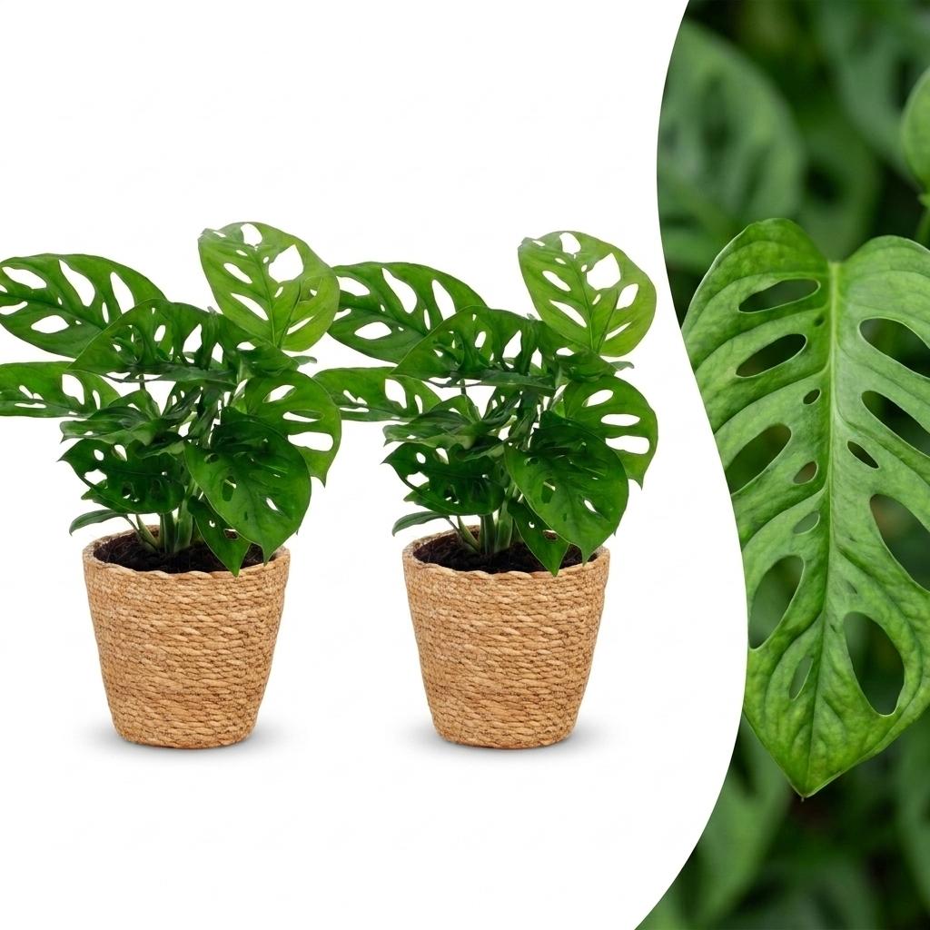 Monstera Adansonii - Rhaphidophora Tetrasperma - 2x - met Mand - Pot 12cm - Hoogte - 25cm