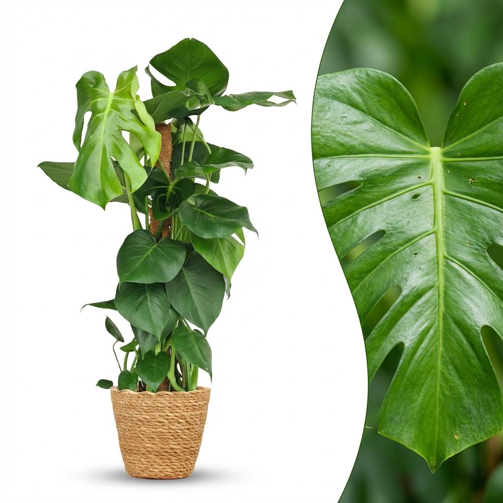Gatenplant - Monstera Deliciosa mosstok - Groen - Weinig onderhoud - 1 Plant - met Mand - Pot 19cm - Hoogte 90cm