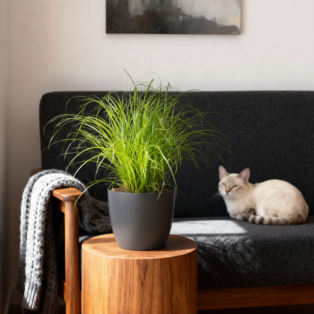 Cyperus alternifolius Zumula - Kattengras - Huisdiervriendelijke Plant - Groen - 2 Planten - met Potter Grijs - Pot 12cm - Hoogte 20cm