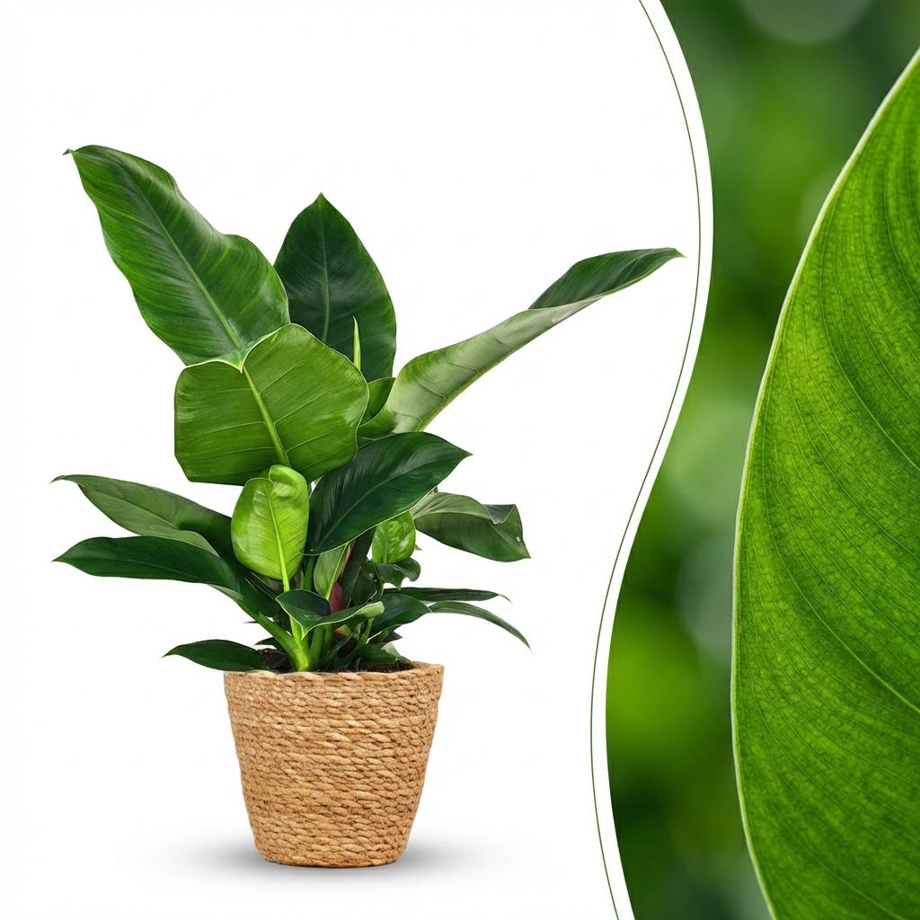 Philodendron Imperial Green - Groen - Weinig onderhoud - 1 Plant - met Mand - Pot 19cm - Hoogte 65cm