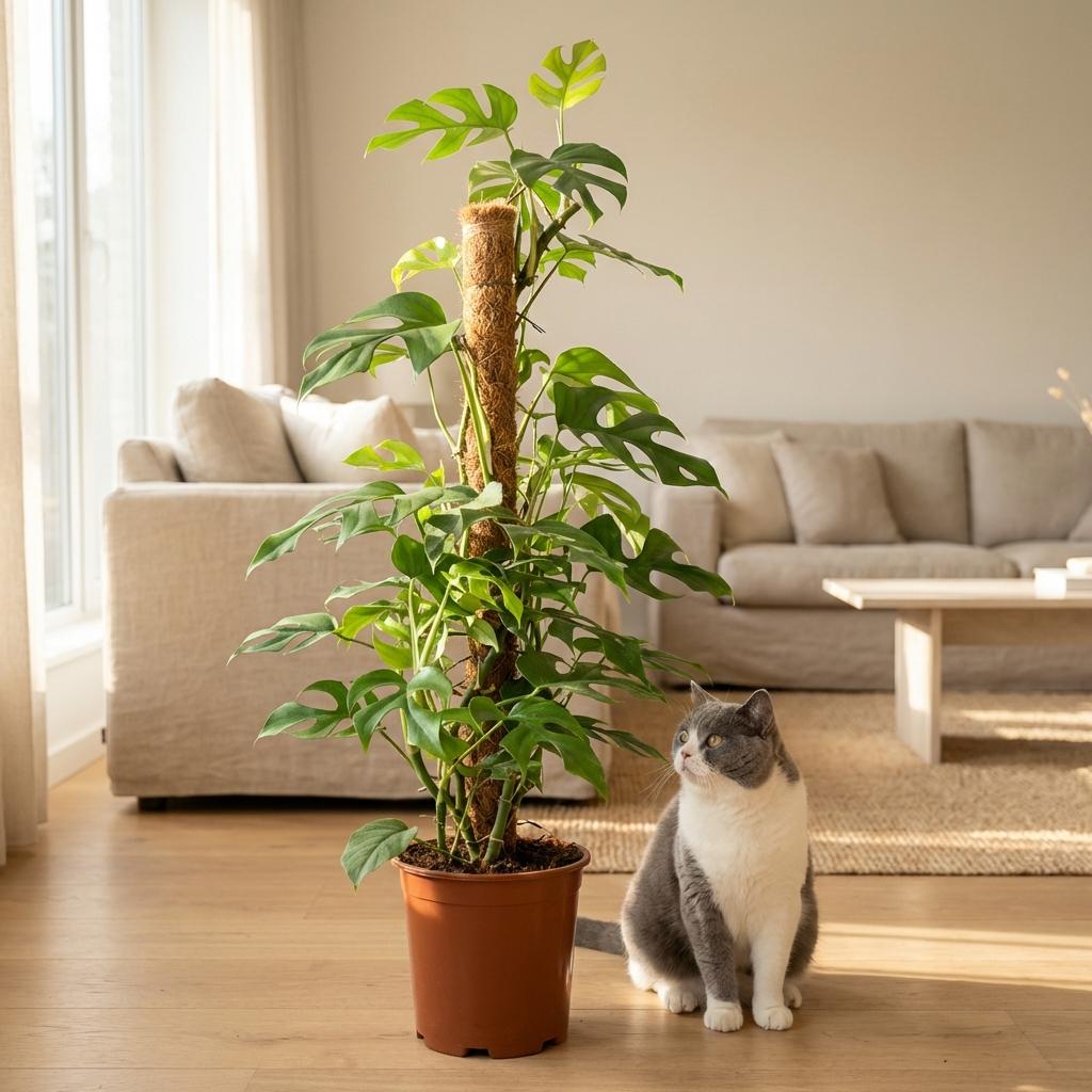 Mini Gatenplant - Monstera Minima Mosstok - Groen - Weinig onderhoud - 1 Plant - met Potter Wit - Pot 19cm - Hoogte 90cm