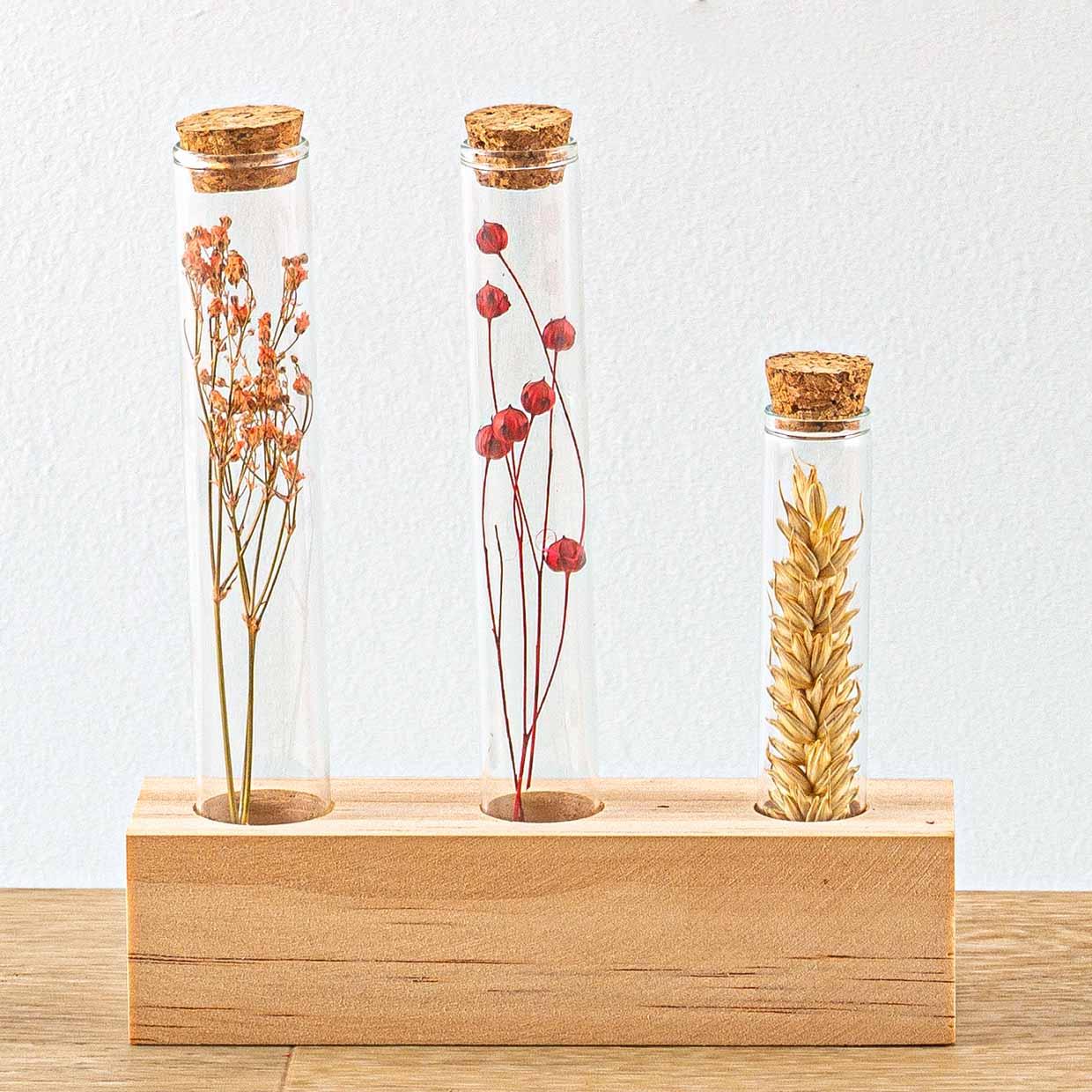 Support en bois pour fleurs séchées - Tube M - Fleurs et herbes + Composition florale séchée