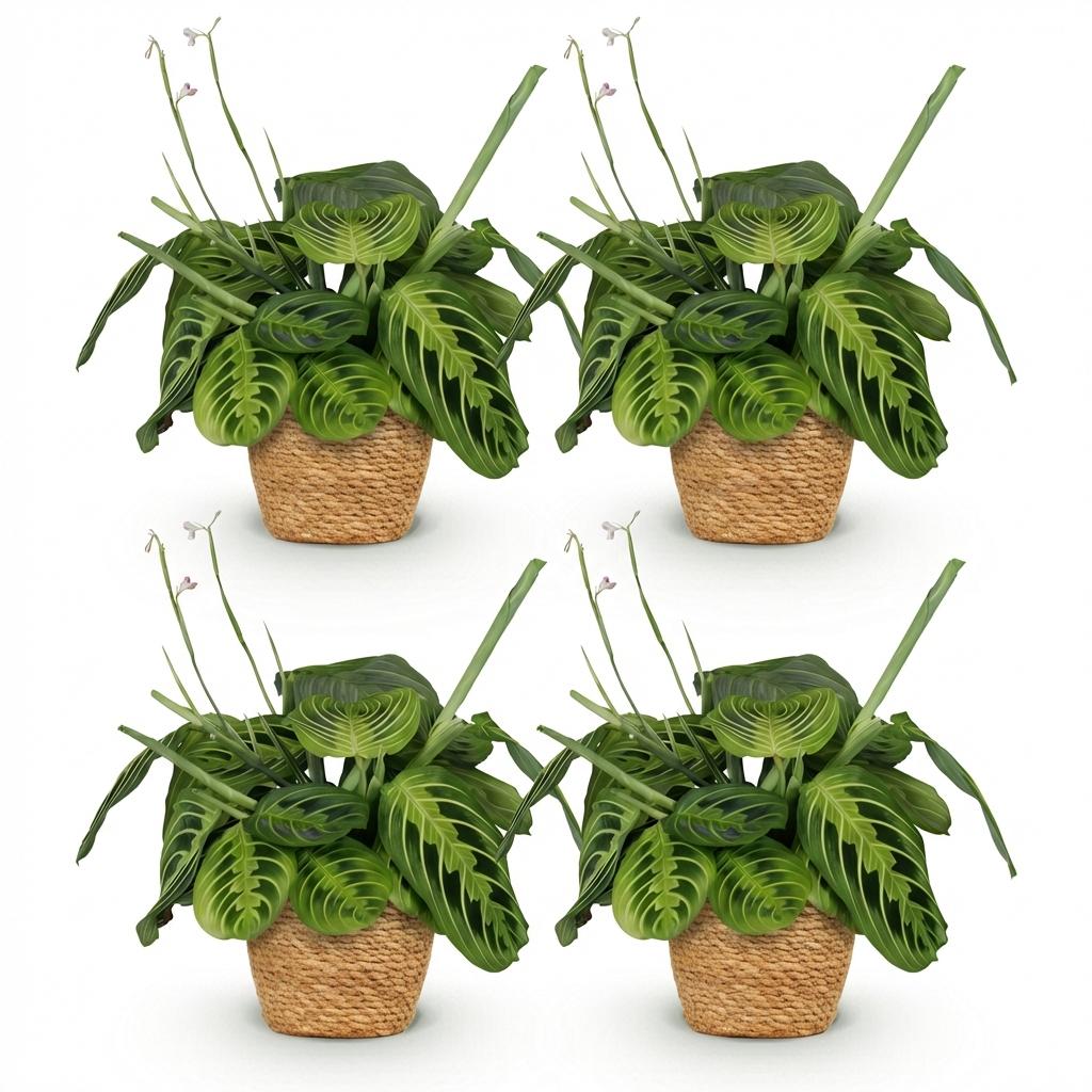 Maranta Fascinator Lemon Lime - Gebedsplant - 4 Planten - met Mand - Pot 12cm - Hoogte 25cm