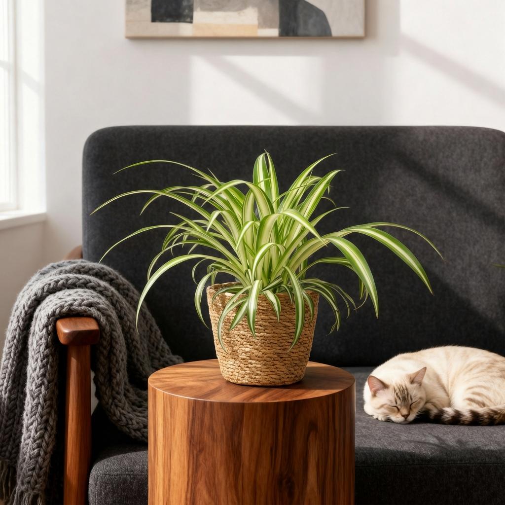 Chlorophytum comosum Variegatum - Bonte Graslelie - Huisdiervriendelijke Plant - Groen - 1 Plant - met Mand - Pot 12cm - Hoogte 20cm