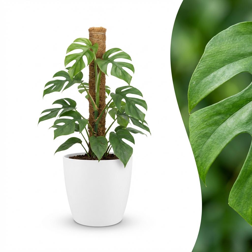 Mini Gatenplant - Monstera Minima Mosstok - Groen - Weinig onderhoud - 1 Plant - met Potter Wit - Pot 19cm - Hoogte 90cm