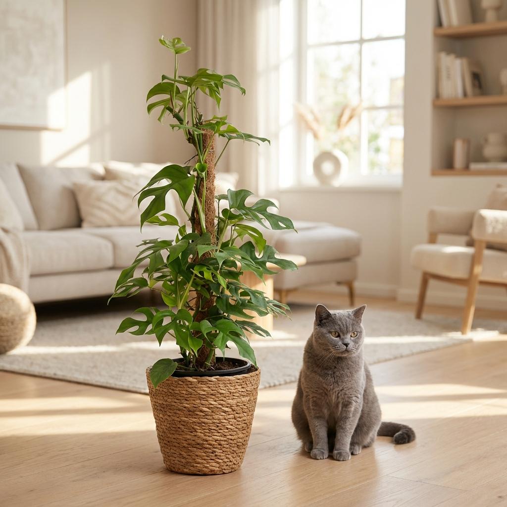 Mini Gatenplant - Monstera Minima Mosstok - Groen - Weinig onderhoud - 1 Plant - met Mand - Pot 19cm - Hoogte 90cm