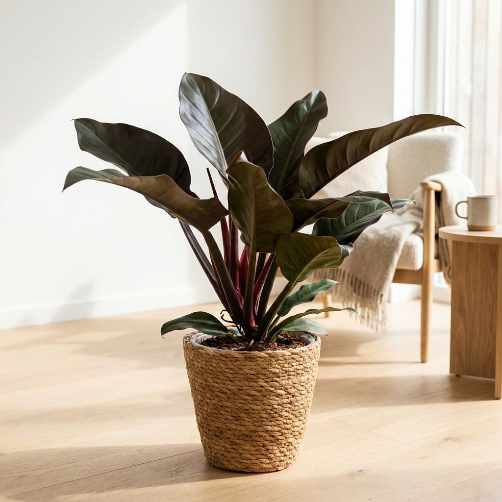 Philodendron Imperial Red - Rood - Weinig onderhoud - 1 Plant - met Mand - Pot 19cm - Hoogte 60cm