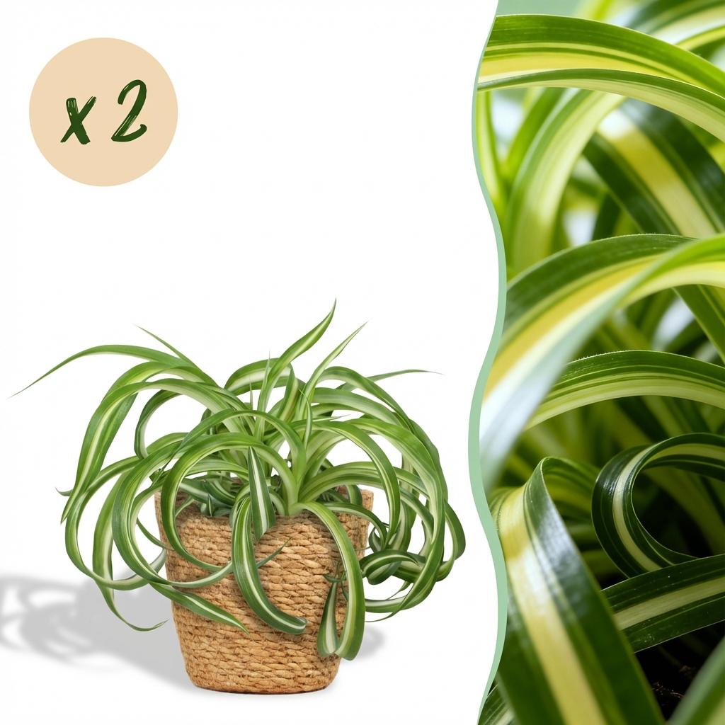 Chlorophytum comosum Bonnie - Krullende Graslelie - Huisdiervriendelijke Plant - 2 Planten - met Mand - Pot 12cm - Hoogte 20cm