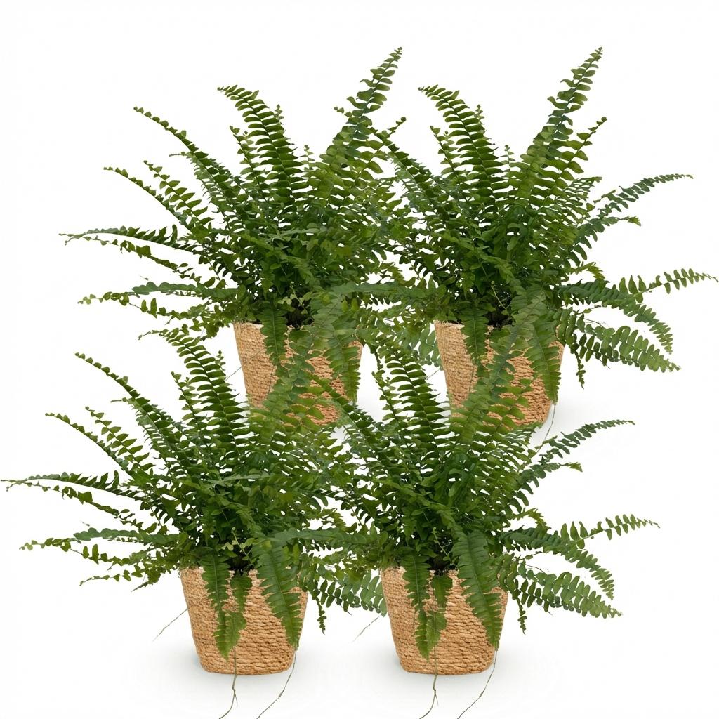 Nephrolepsis exaltata Green Lady - Varen - 4 Planten - met Mand - Pot 12cm - Hoogte 25cm
