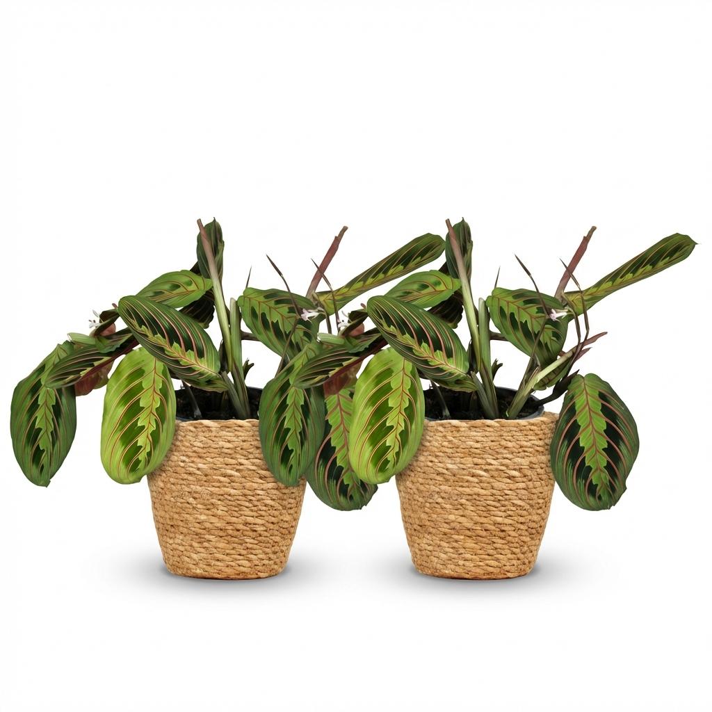 Maranta Fascinator Tricolour - Gebedsplant - Huisdiervriendelijke Plant - Groen - 2 Planten - met Mand - Pot 12cm - Hoogte 25cm