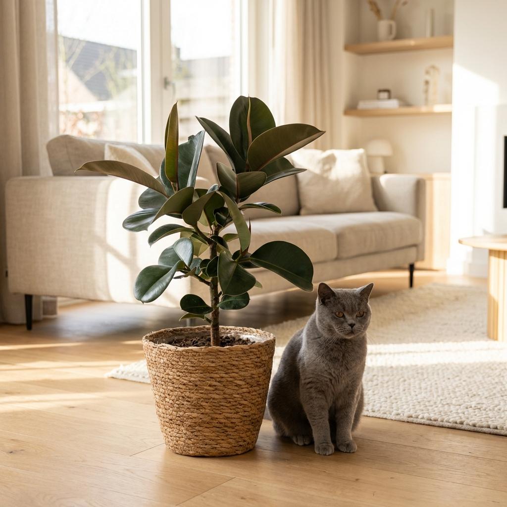 Rubberplant - Ficus Elastica Cloe - Groen - Weinig onderhoud - 1 Plant - met Mand - Pot 19cm - Hoogte 65cm