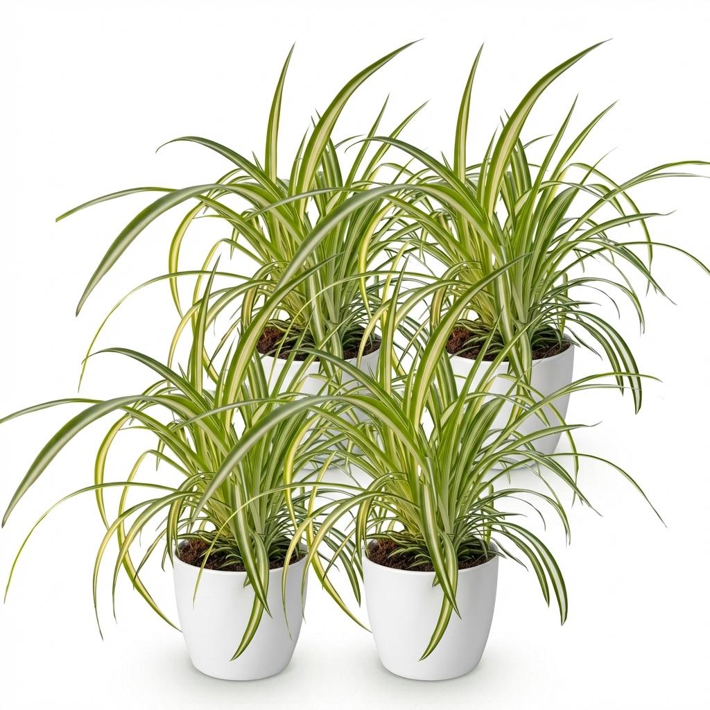 Chlorophytum comosum Variegatum - Bonte Graslelie - 4 Planten - met Potter Wit - Pot 12cm - Hoogte 20cm
