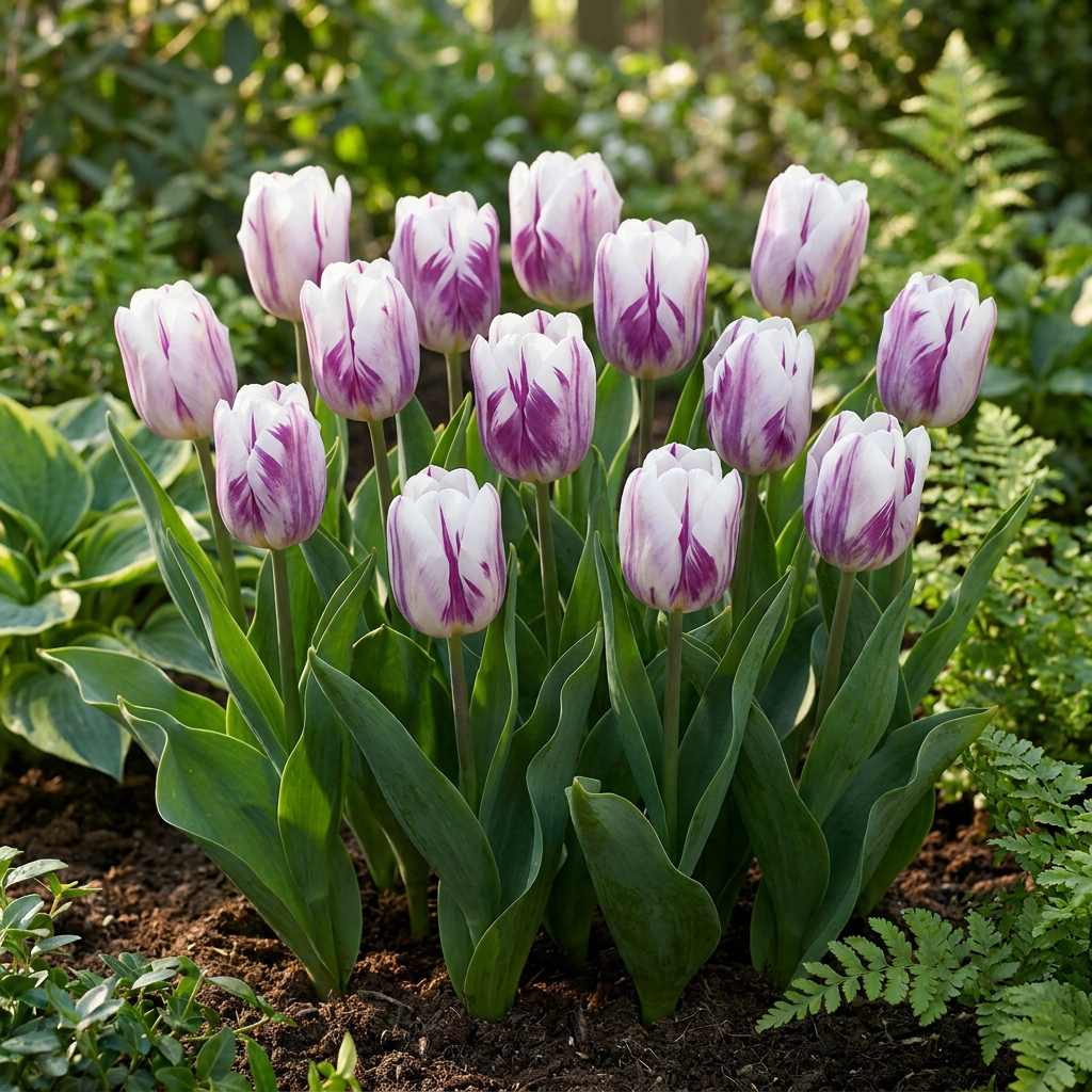 120x Tulipa Flaming Flag - Cibule květin - Tulipán Flaming Flag - Bílý a fialový - Jarní kvetoucí - Velikost cibule 11/12