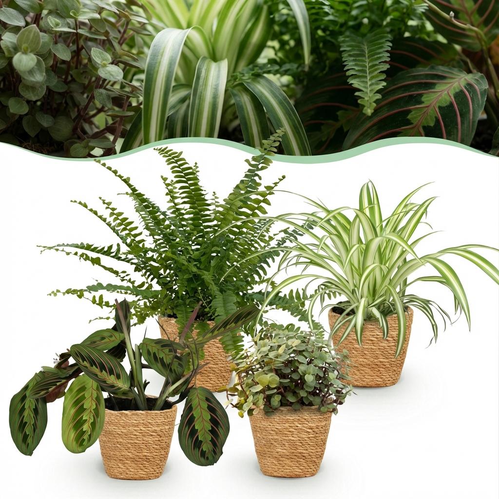 Plantenbox - Chlorophytum - Maranta - Calissia - Nephrolepsis - Mix van 4 - Huisdiervriendelijke Planten - Groen - 4 Planten - met Mand - Pot 12cm - Hoogte 25cm
