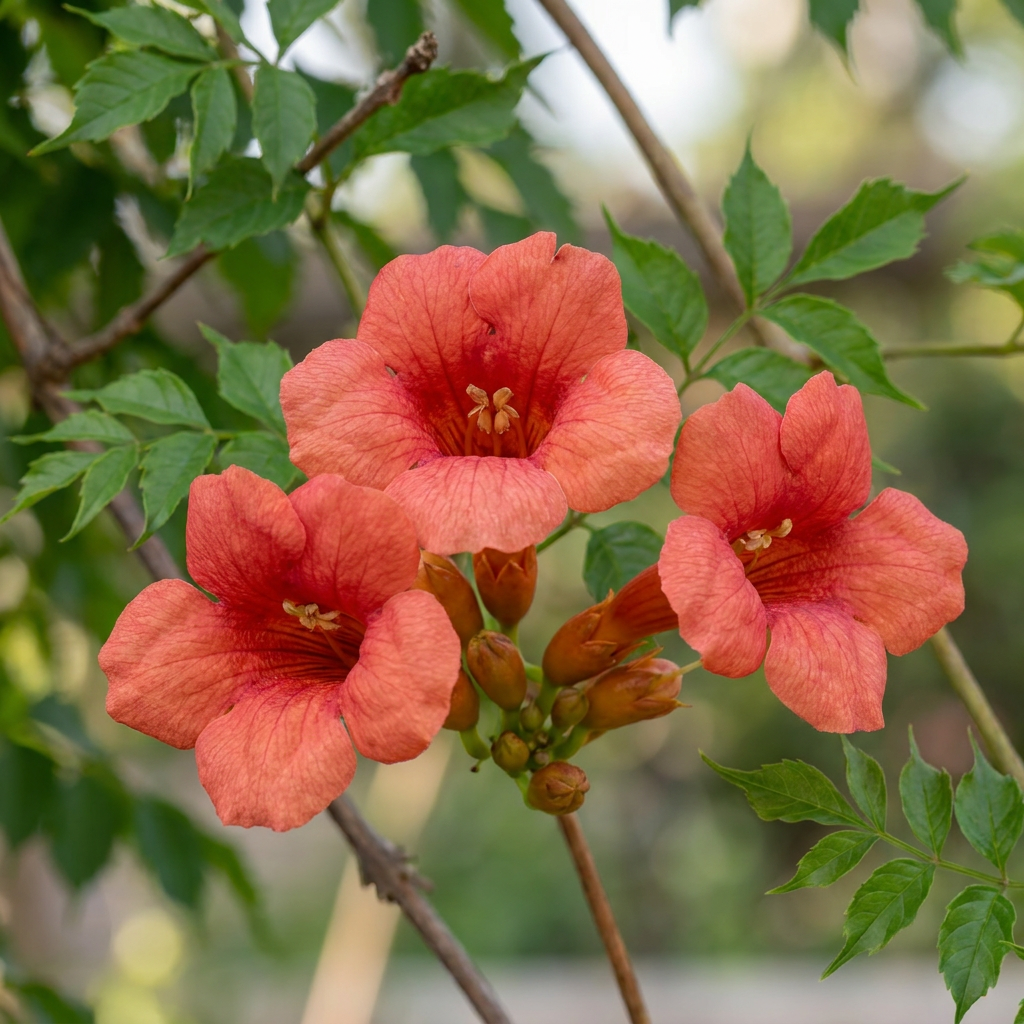 Campsis radicans - Trompetklimmer 6x - Oranje - Rood - Klimplant - Ø9cm - ↕35cm