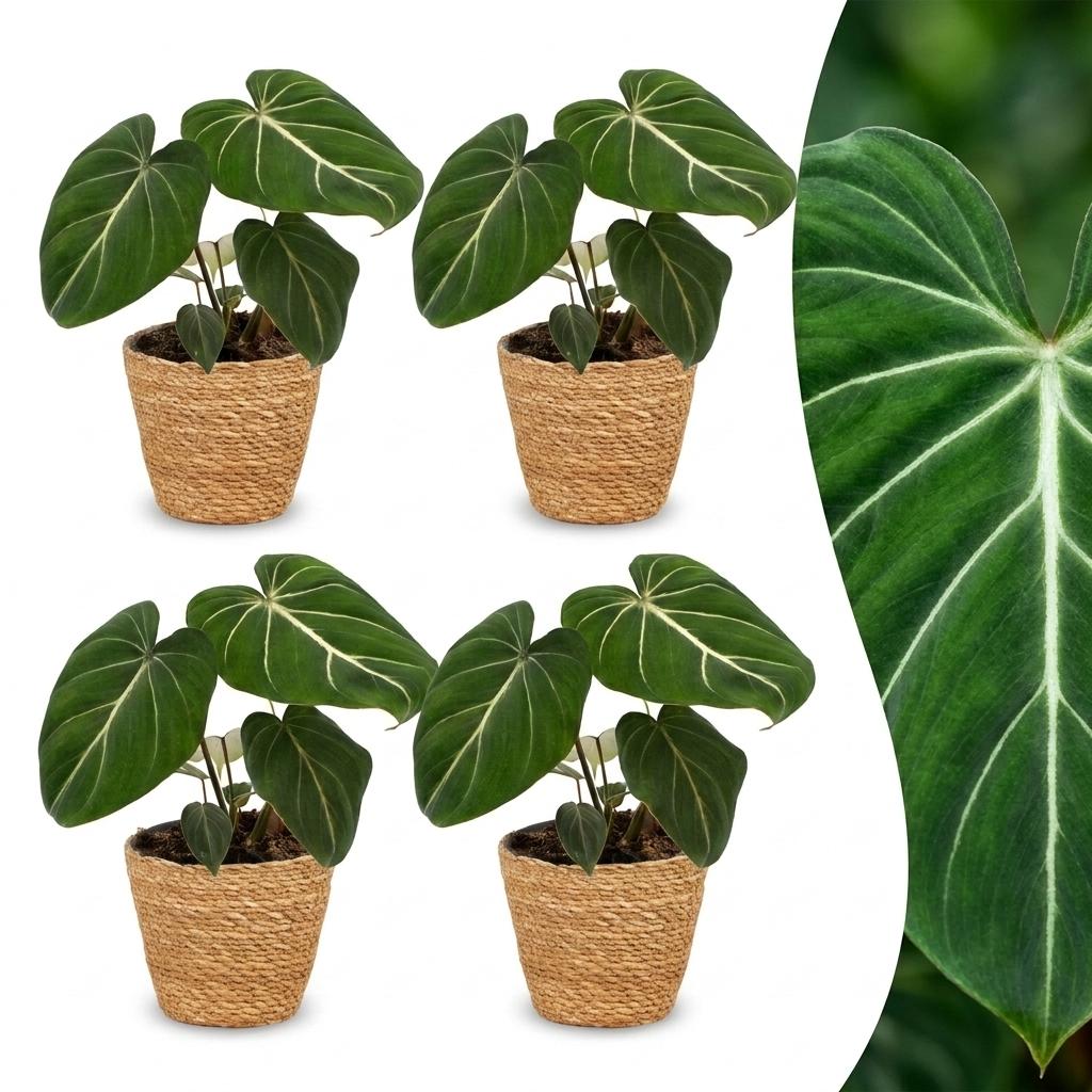 Philodendron Gloriosum - Glorie Philodendron - 4x - met Mand - Pot 12cm - Hoogte - 25cm