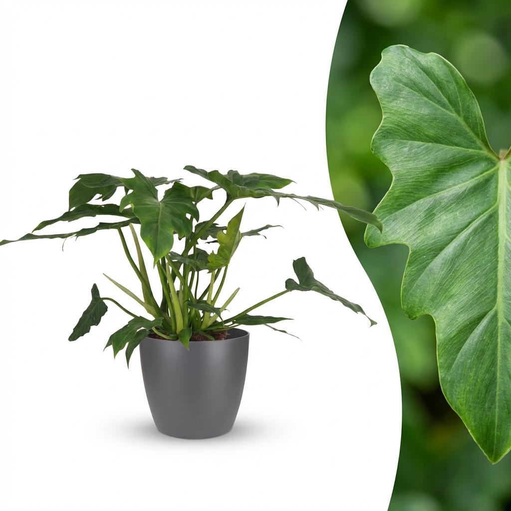 Philodendron - Philodendron Lacerum - Groen - Weinig onderhoud - 1 Plant - met Potter Grijs - Pot 19cm - Hoogte 65cm