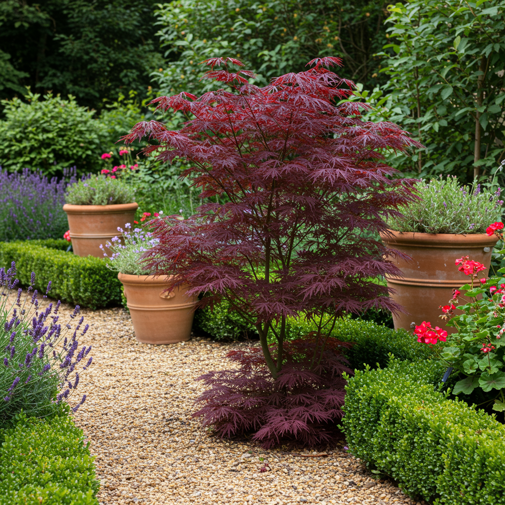 Green boutiQ – Terrassenpflanze – Japanischer Ahorn (Acer palmatum 'Bloodgood') – Rot – 1 Pflanze – Laubabwerfend – Topf: 19 cm, Höhe: 70 cm