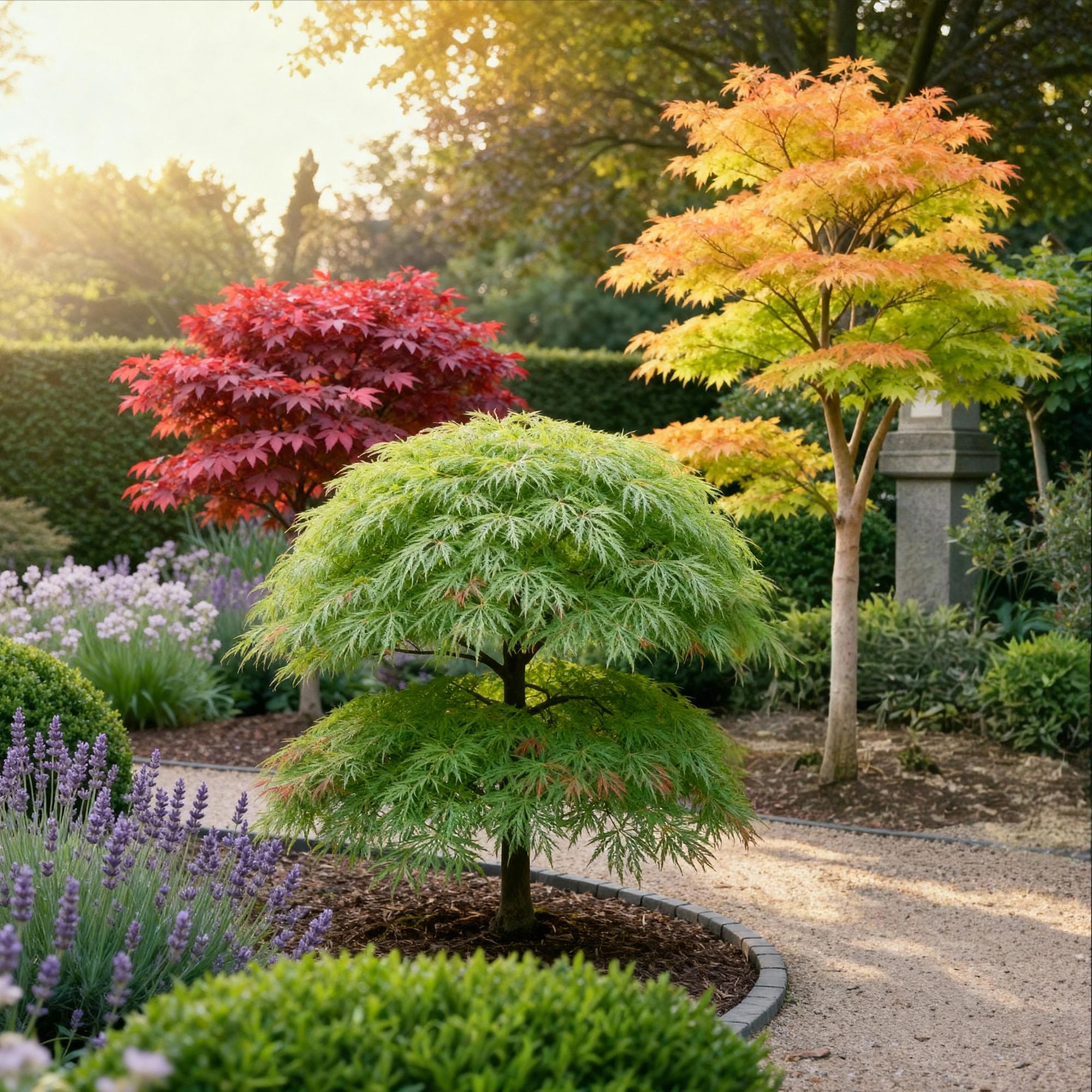 Acer palmatum Tricolour - Rood-Groen-Oranje  - 3 Planten - Blad verliezend - Weinig Onderhoud - Pot 12cm Hoogte 35cm
