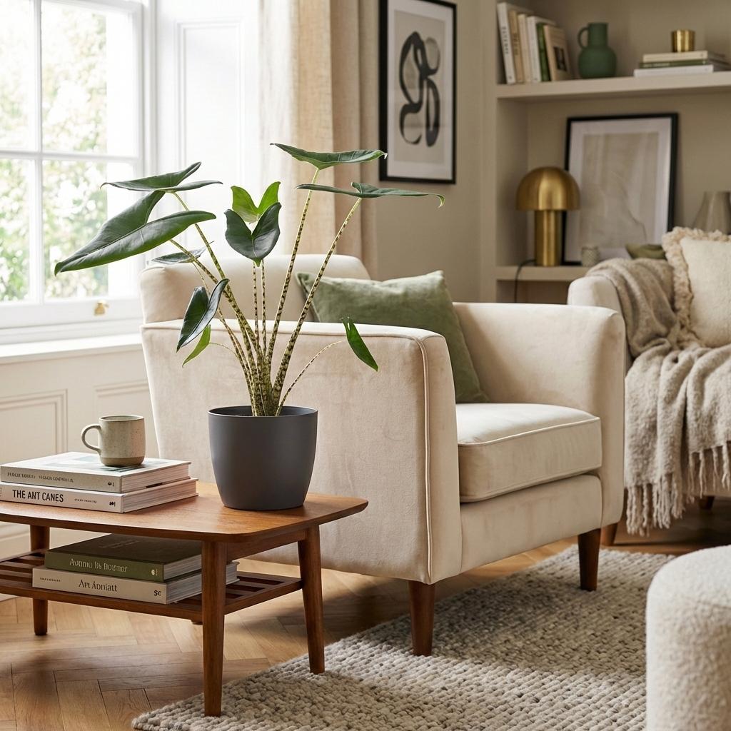 Olifantsoor - Alocasia Zebrina - Groen - Weinig onderhoud - 1 Plant - met Potter Grijs - Pot 21 cm - Hoogte 70 - 75cm