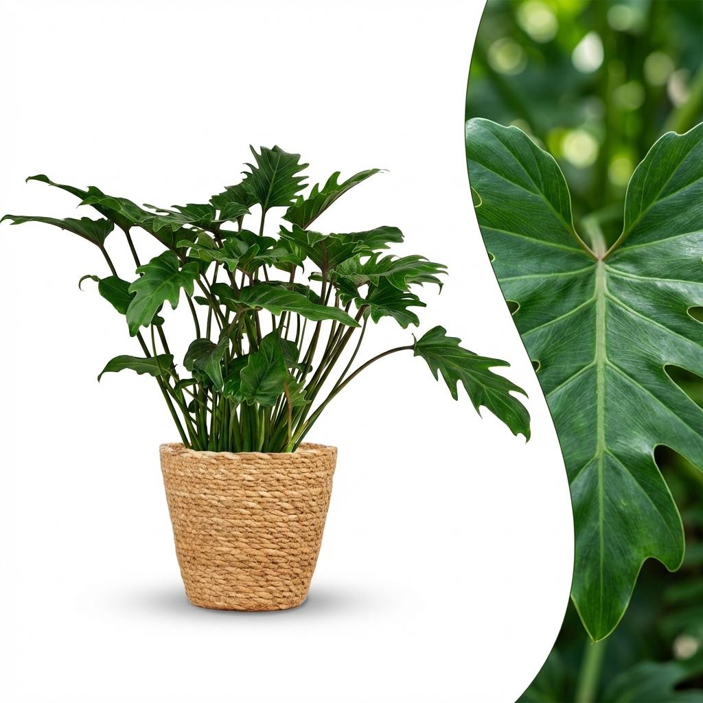 Philodendron Xanadu - Groen - Weinig onderhoud - 1 Plant - met Mand - Pot 19cm - Hoogte 60cm