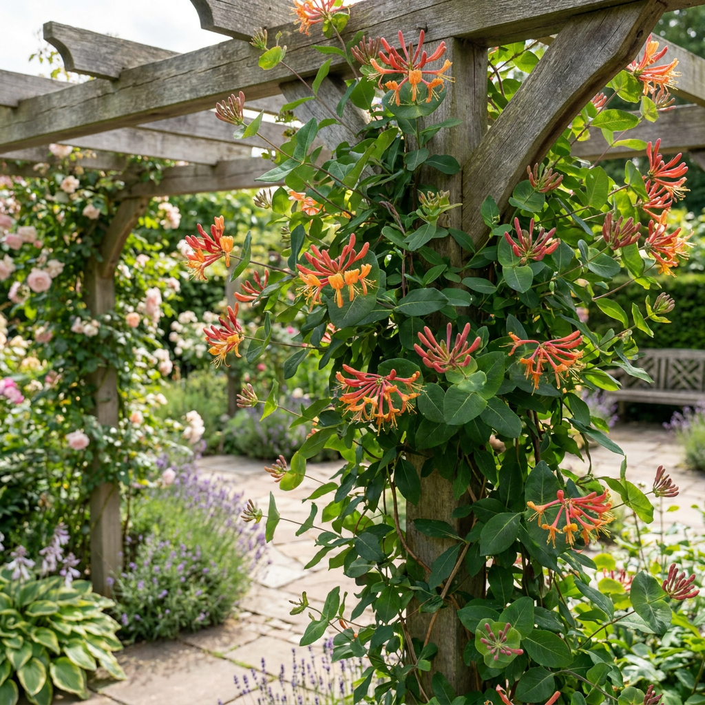 Lonicera br. 'Dropmore Scarlet' - Kamperfoelie 'Dropmore Scarlet' 6x - Rood-Geel - Klimplant - Ø9cm - ↕35cm