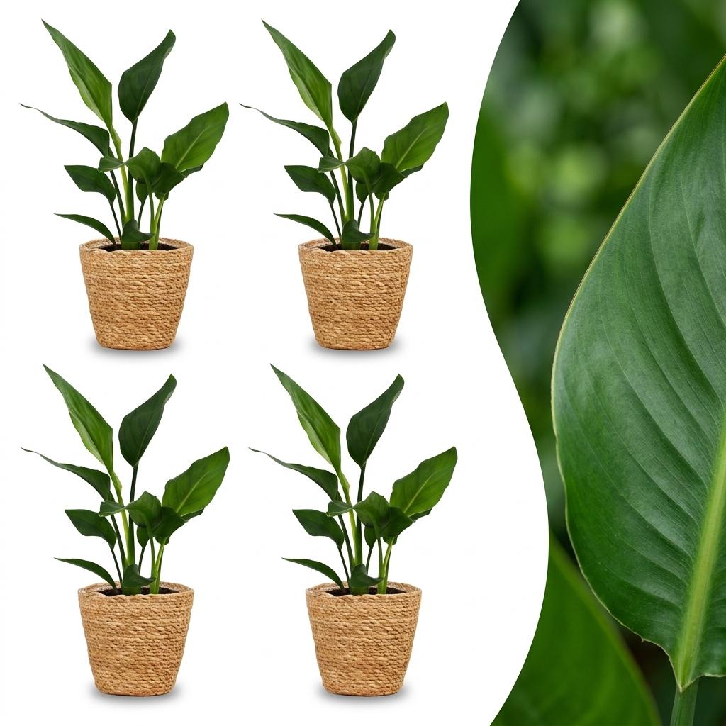 Strelitzia Reginea - Paradijsvogelbloem - 4x - met Zeegras Mand - Pot 12cm - Hoogte 35cm